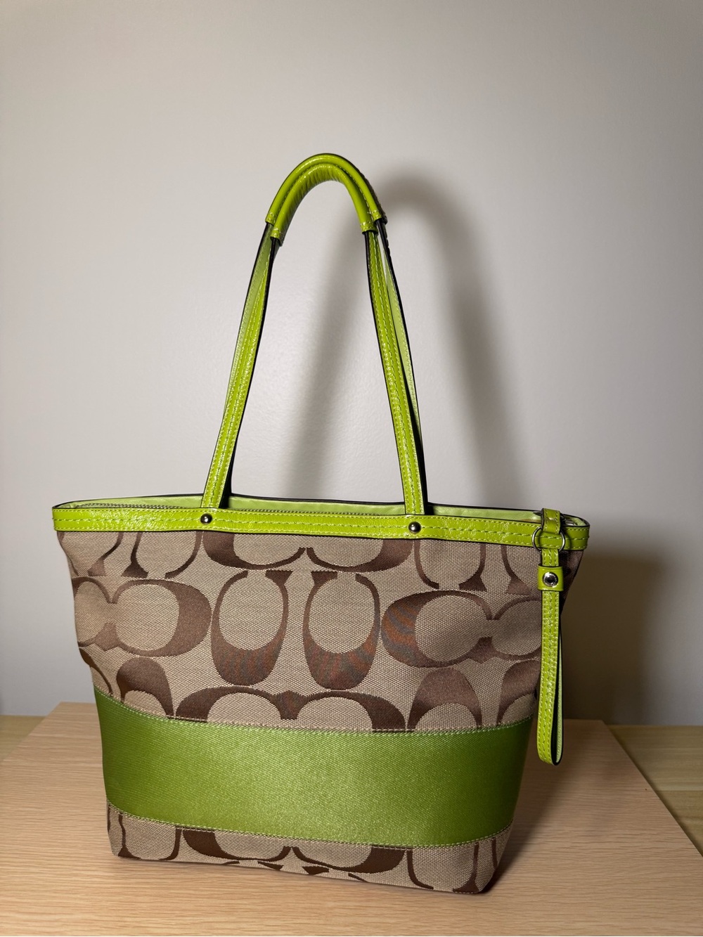 Vintage 2009 Coach Beige Signature Stripe Tote with Lime Green Trim